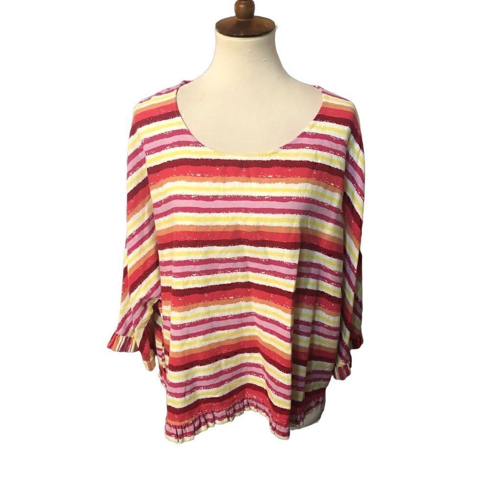 For Cynthia Striped Vibrant Red Orange Multicolor Linen Blend Boxy Fit Top 

Con